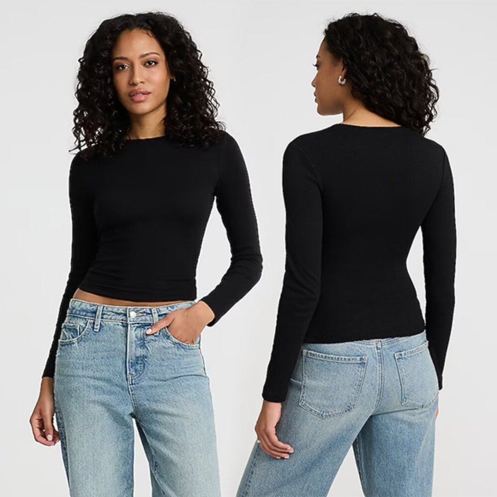 Express Black Essential Fitted Ribbed Crew Neck Long Sleeve Tee - Size L